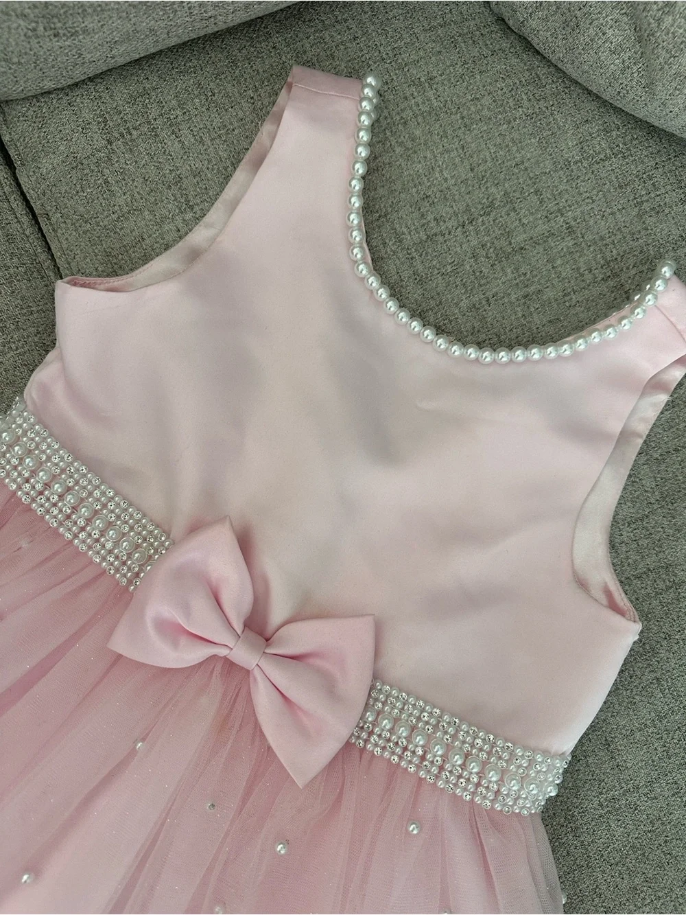 Girls' Pink Pearl-Trim Tulle Party Dress